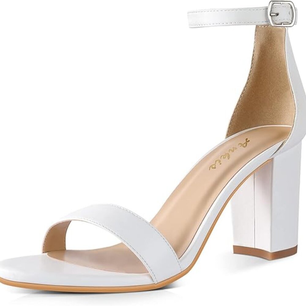 〽️Women’s White Pu Open Toe Ankle Strap Chunky Heel Sandals with 2.75 Inch Heel